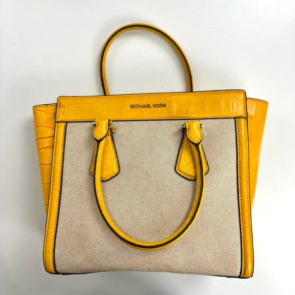 Michael Kors Collette Sun Canvas / Leather Trim Purse Yellow *NO Crossbody Strap - Picture 1 of 14